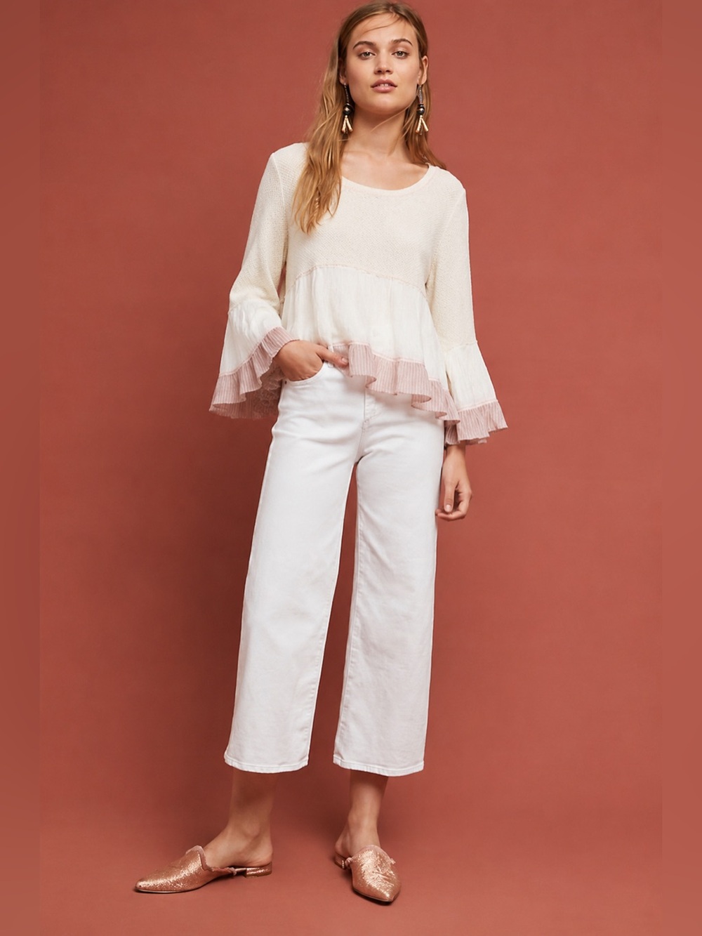 Mystree Linen Tiered Ruffle Long Sleeve Top 303